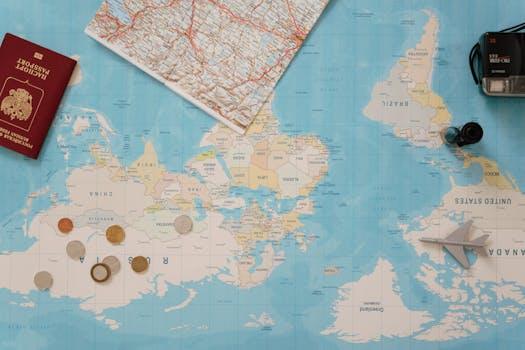 Imagen plana de un mapa del mundo, pasaporte, monedas y cámara para planificar un viaje. FromToFlights