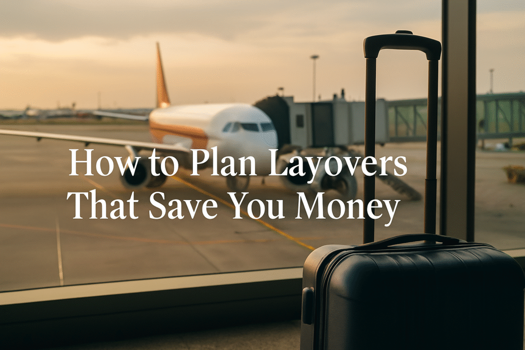 A photograph captures an airport scene focusing on a dark suitcase near a terminal window, with an airplane parked at the gate during sunset. The text "How to Plan Layovers That Save You Money" appears centered in elegant white font over the image.